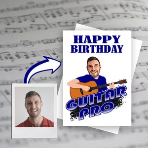 Tarjeta de guitarrista personalizada divertida: su foto / tarjeta de cumpleaños / tarjeta de felicitación de cualquier ocasión para guitarrista, regalo de guitarrista amante de la música