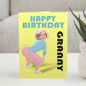 Tarjeta de felicitación personalizada con foto y cara de abuela haciendo twerking. Cualquier foto. Tarjeta de felicitación personalizada para abuela para cualquier ocasión.