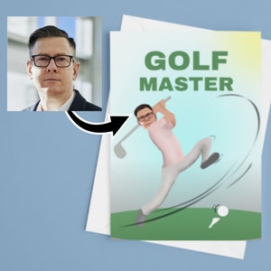 Tarjeta de columpio de golfista de cara personalizada divertida: su imagen Bola faltante de columpio de golf / Cumpleaños / Cualquier ocasión Tarjetas de felicitación