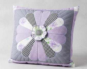 Handmade Quilted Pillow - Purple Floral Patchwork Cushion - Decorative Farmhouse Flower Accent Pillow