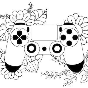 Puede incluir: Un dibujo en blanco y negro de un mando de videojuego rodeado de flores y hojas.