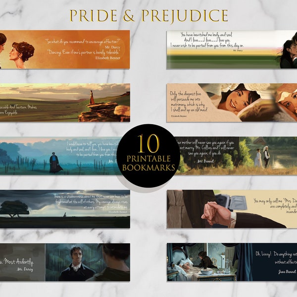 Pride and Prejudice, Bookmark, Elizabeth and Darcy, Jane Austen, Printable Bookmarks Template, Printable Bookmarks Set, Instant Download