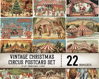 Vintage kerstcircus ansichtkaartenset, retro vakantiecircus printables, nostalgische vakantiekunst, ephemera kerstmis, download junkjournal