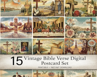 Vintage Bible Verse Postcard Set, Christian Digital Prints, Printable Scripture Art Collection, Faith-Based Wall Decor, Religious Download