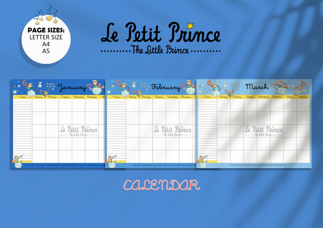 The Little Prince Calendar, Printable Monthly Calendar Kit, 2023 Monthly Planner Template
