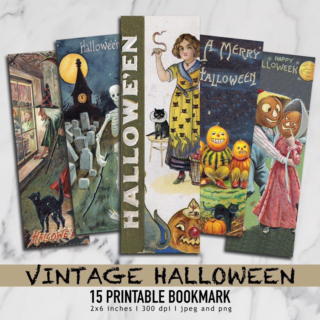 Vintage Halloween Printable Bookmarks, Book Lover Halloween, Digital ...
