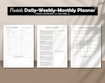 Daily Planner, Weekly Planner, Monthly Planner, Productivity Planner Bundle, Printable Planner Set, Instant Download, A4/A5/Letter/Half Size
