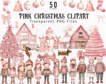 Pink Christmas Clipart, Watercolor Christmas Clipart Bundle, Pastel Christmas, Christmas Toile, Grandmillenial Christmas Png, Preppy Png