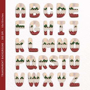 May include: A set of 26 alphabet letters in a festive Christmas sweater design. The letters are white with red and green knit patterns. The letters are isolated on a white background.