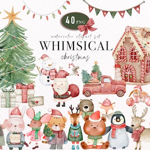 Watercolor Whimsical Christmas Clipart Bundle, Christmas Ornaments Clipart, Christmas Tree Clip Art, Cozy Christmas Png, Snowmen Clipart