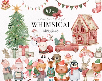 Watercolor Whimsical Christmas Clipart Bundle, Christmas Ornaments Clipart, Christmas Tree Clip Art, Cozy Christmas Png, Snowmen Clipart