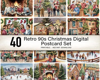 Retro 90s Christmas Postcard Set, 40 Watercolor Holiday Cards, Vintage Winter Scenes, Printable Christmas Decor, Digital Christmas Art