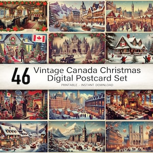 jeu de cartes postales de Noël Canada vintage, art imprimable des fêtes, scènes d'hiver canadiennes rétro, téléchargement immédiat, tirages de décoration de Noël
