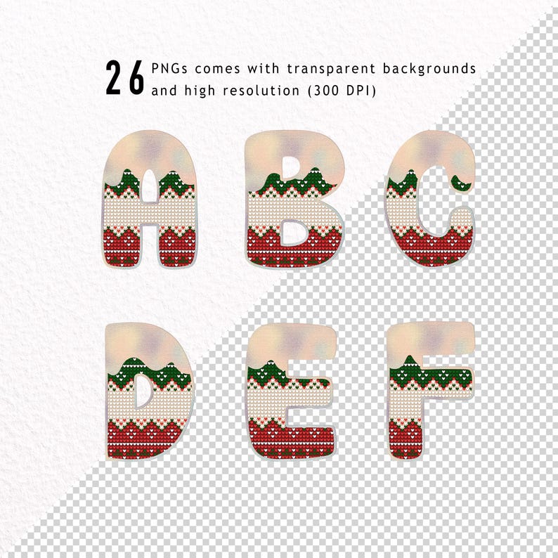 May include: Six Christmas-themed letters, A, B, C, D, E, and F, are styled with a red, white, and green knitted pattern. The letters are isolated on a transparent background.