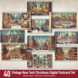 Juego de postales navideñas vintage de Nueva York, impresión digital navideña retro, escena navideña festiva de Nueva York, descarga instantánea, tarjeta navideña imprimible