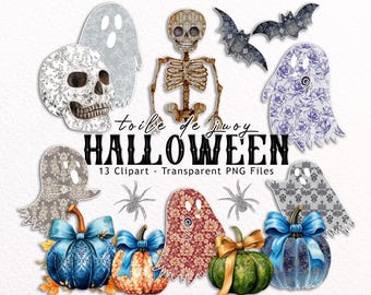Toile De Juoy Halloween Clipart, Halloween Toile, Grandmillenial Halloween Png, Preppy Halloween, Watercolor Png, Skull, Ghost, Pumpkin, Bat
