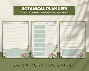 Botanical Printable Planner, Planner Bundle, Daily Planner, Weekly Planner, Monthly Planner, Printable Planner, A5/ A4/Letter/Half Size