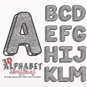 May include: A 3D alphabet with a Christmas theme. The letters are gray with a white and red floral pattern. The letters are A, B, C, D, E, F, G, H, I, J, K, L, and M. The text "3D Alphabet christmas 26 High Resolution PNG Files Included" is below the letters.