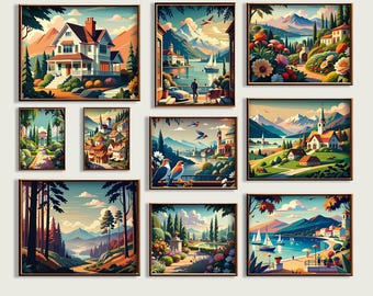Pastoral Landscape Art Prints Set, Elegant Wall Art Decor, Nature Scenery Digital Prints, Set Of 13 Landscape Paintings, Country Wall Art