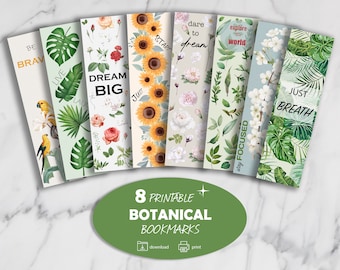Plant Bookmarks, Botanical Bookmarks, Printable Bookmarks Set, Set of 8 Printable Bookmark Quotes, Gift for Book Lover, Floral Bookmarks