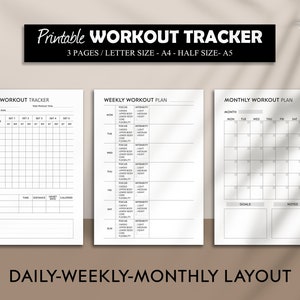 Rastreador de entrenamiento imprimible, planificador de ejercicio diario, rastreador de entrenamiento mensual semanal, registro de entrenamiento de gimnasio, planificador de fitness, A5, A4, tamaño carta de EE. UU.