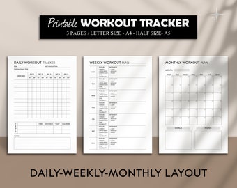 Workout Tracker Printable, Daily Exercise Planner, Weekly Monthly Workout Tracker, Gym Training Log, Fitness Planner, A5, A4, US Letter Size