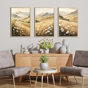 Neutral Wildflower Field Set of 3 Prints, Landscape Painting, Muted Country 3 Pieces Vintage Printable Wall Art, Spring Farmhouse Decor