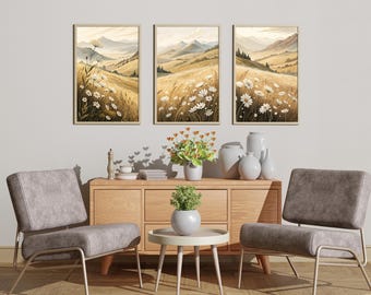 Set di 3 stampe di campi di fiori selvatici neutri, pittura di paesaggio, arte murale vintage stampabile in 3 pezzi di campagna tenue, decorazioni primaverili per fattoria