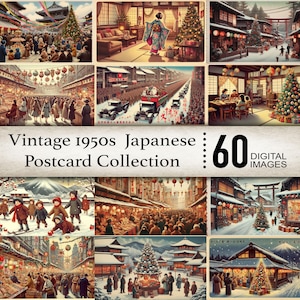 Colección de postales navideñas japonesas retro vintage: descarga digital para álbumes de recortes, manualidades, decoración festiva e imprimibles navideños