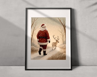 Santa Claus Reindeer Print, Printable Christmas Wall Art, Neutral Christmas Decor, Vintage Santa Print, Rustic Winter Holiday Wall Decor