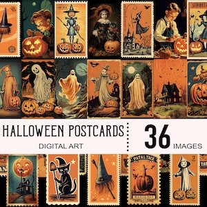 36 Halloween Vintage Postkarten, Scrapbook Halloween, Junk Journal, Hexe, Kürbis, Autumn Haunting, Digital Art, Printable, Ephemera, Herbst