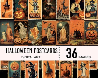 36 Halloween Vintage Postcards, Scrapbook Halloween, Junk Journal, Witch, Pumpkin, Autumn Haunting, Digital Art, Printable, Ephemera, Fall