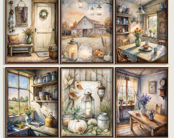 French Country Gallery Wall Print Set, Watercolor Art Prints, Landscape Painting Printable Wall Art, Farmhouse Wall Decor, Kitchen Printable