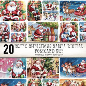 レトロなサンタのクリスマスポストカードセット、水彩画のホリデーカード、レトロなホリデーサンタのイラスト、印刷可能なクリスマスカードバンドル、サンタクロース