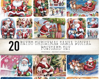 Retro Santa Christmas Postcard Set, Watercolor Holiday Cards, Retro Holiday Santa Illustration, Printable Christmas Card Bundle, Santa Claus