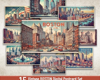 Vintage Boston Postcard Set, Printable Boston City Art, Retro Boston City Artwork, Retro Travel Postcard Collection, Printable Holiday Cards