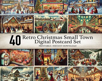 Retro Christmas Small Town Digital Postcard Set, Festive Holiday Print Gift, Cozy Vintage Holiday Digital Print, Retro Christmas Theme