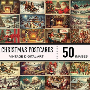 Vintage Weihnachtspostkarten: Retro Style Weihnachtskarten für Scrapbooking, Santa, Schneemann, Rentier, Weihnachtsbaum, Kinder, Geschenke