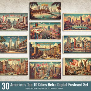 Retro USA Städte Postkartenset, Vintage amerikanische Sehenswürdigkeiten Kunst, 30 druckbare digitale Karten, Top 10 Städte Reisekollektion, Sofort Download