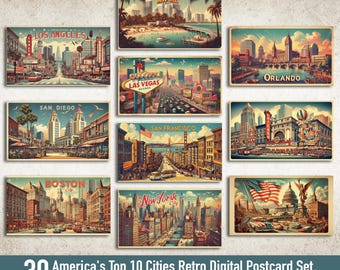 Retro USA Cities Postcard Set, Vintage American Landmarks Art, 30 Printable Digital Cards, Top 10 Cities Travel Collection, Instant Download