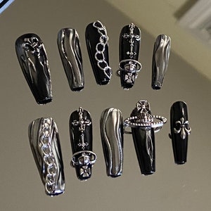 Silver Chrome Heavy Metal Dark Emo Press On Nails