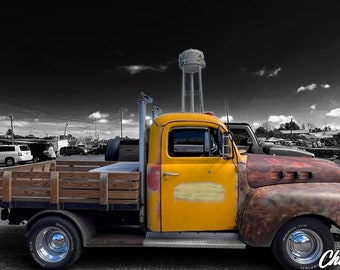 Vintage Truck Meets Big City, 11x14, on Metal
