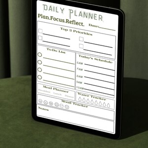 May include: A digital daily planner displayed on a tablet. The screen shows sections for top priorities, to-do list, schedule, meal planning, water intake, and mood tracking. The text "DAILY PLANNER" is at the top.