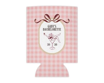 Angepasste Kokette Bachelorette Dosenkühler | Rosa Gingham BrautGastgeschenk