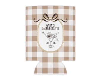 Portabevande personalizzato Coquette a quadretti beige per addio al nubilato / Portabevande per addio al nubilato a tema neutro 2026 / Bomboniere per la festa di addio al nubilato / Decorazione con fiocco marrone