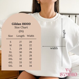 May include: Size chart for Gildan 18000 sweatshirts, showing measurements in inches for length and width, for sizes S through 5XL.