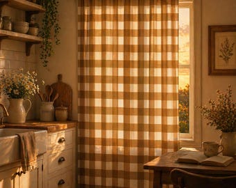 Brauner Vichy-Karo Vorhang - Vintage Cottage, Coquette, Frühling, Bauernhaus Dekor