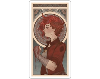 May include: A digital illustration of a woman with red hair and a red jacket. She is holding her injured hand, which is wrapped in bandages and dripping with blood. The illustration is in an art nouveau style with a decorative border.