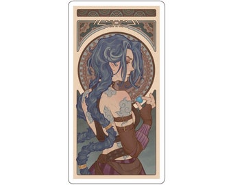 May include: A digital illustration of a woman with blue hair and a steampunk aesthetic. She is wearing a brown leather jacket with straps and buckles, and has a blue orb in her hand. The background is a vintage-style design with ornate details.