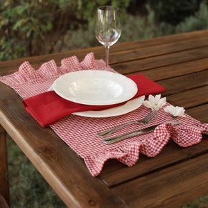 Red Gingham Placemat with Ruffled in various colour, Water Proof Placemats, Red Handmade Gifts, Ruffled Placemats Set of 4, 6, 8, 10